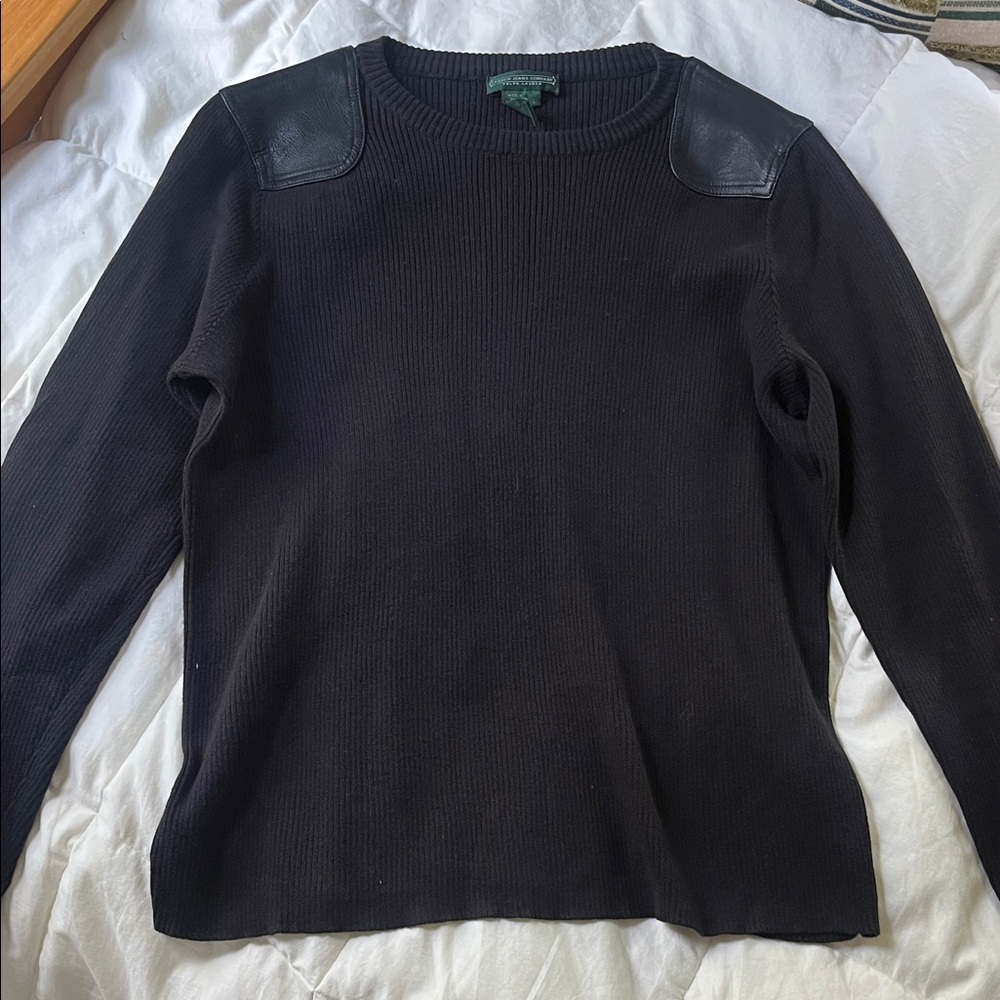 Ralph Lauren Black Crewneck Sweater with Leather Details